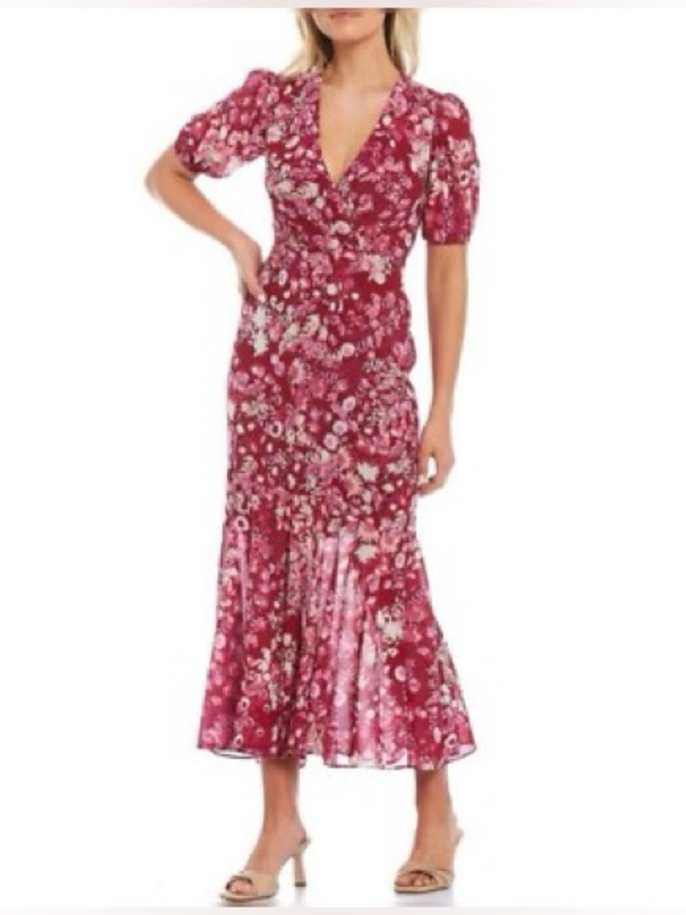 NWT Sachin + Babi Erin Pink Puff Sleeve Floral Midi Dress Size 8